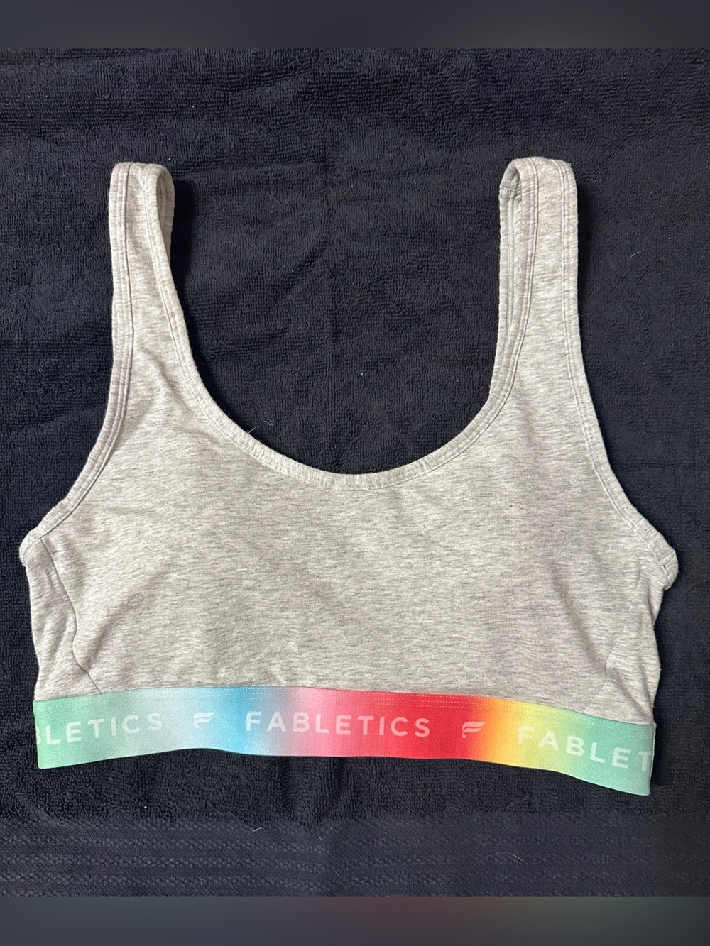 Fabletics Light Gray Scoop Sports Bra with Rainbow Elastic Band
